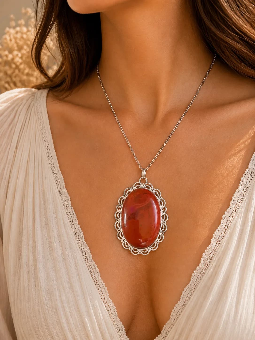 Collier jaspe rouge – argent antique – pièce imposante et élégante