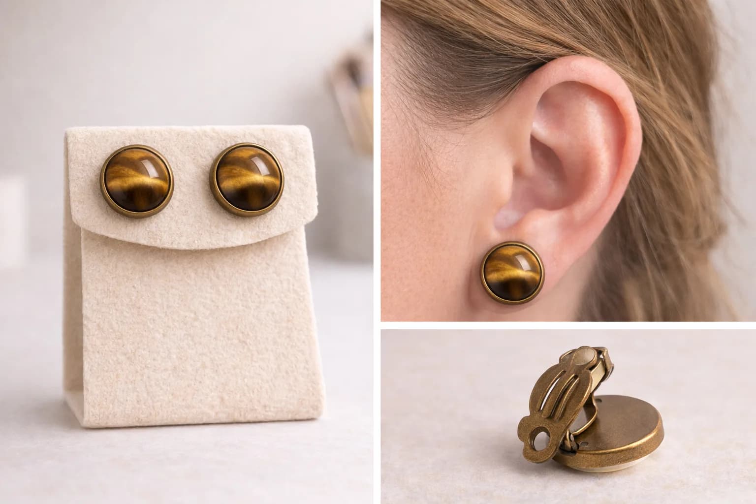 Boucles d’oreilles à pinces œil de tigre – bronze antique