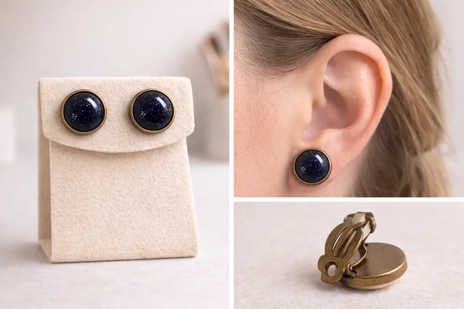 Boucles d’oreilles à pinces Goldstone Blue – bronze antique
