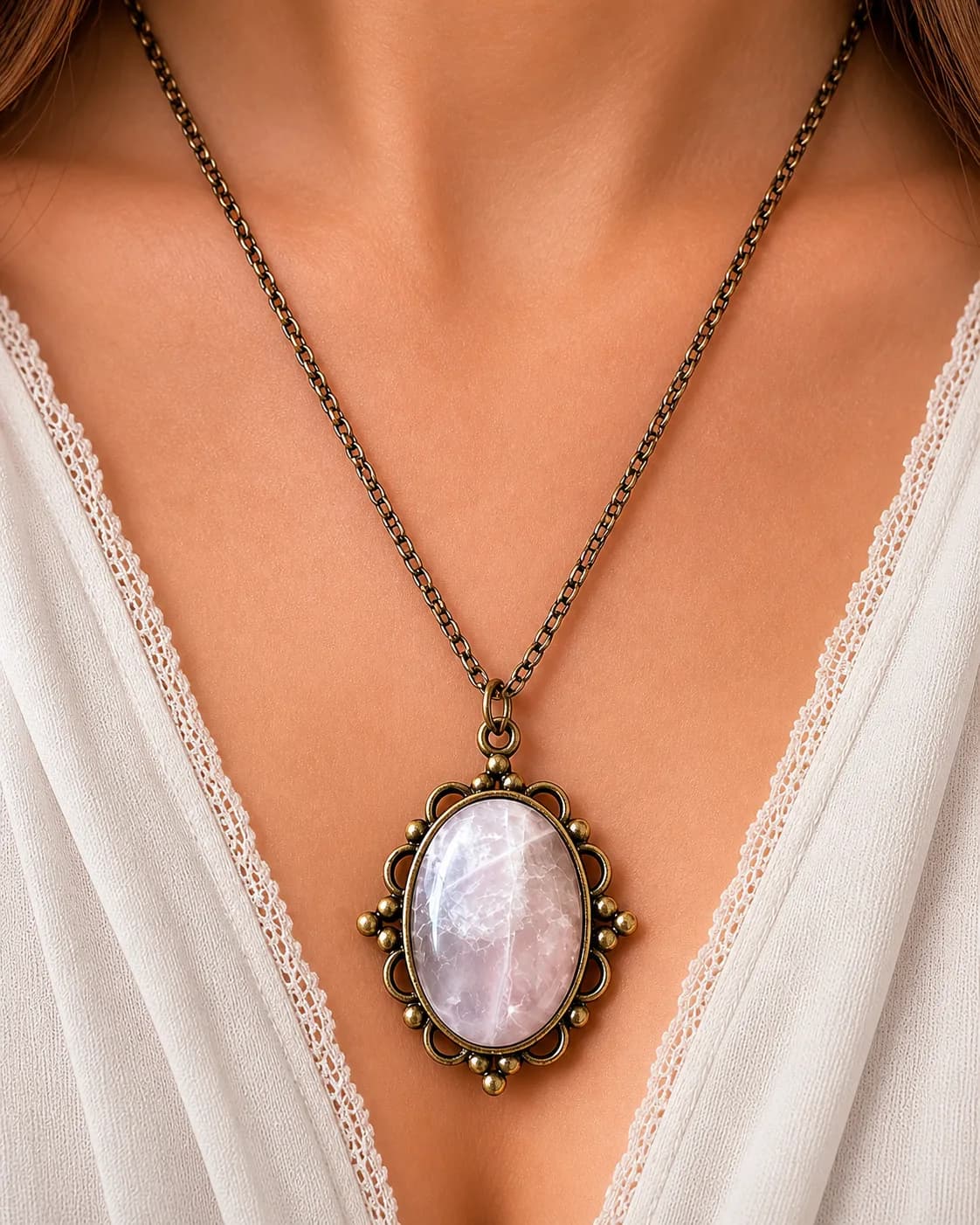 Collier quartz rose – douceur lumineuse & charme vintage