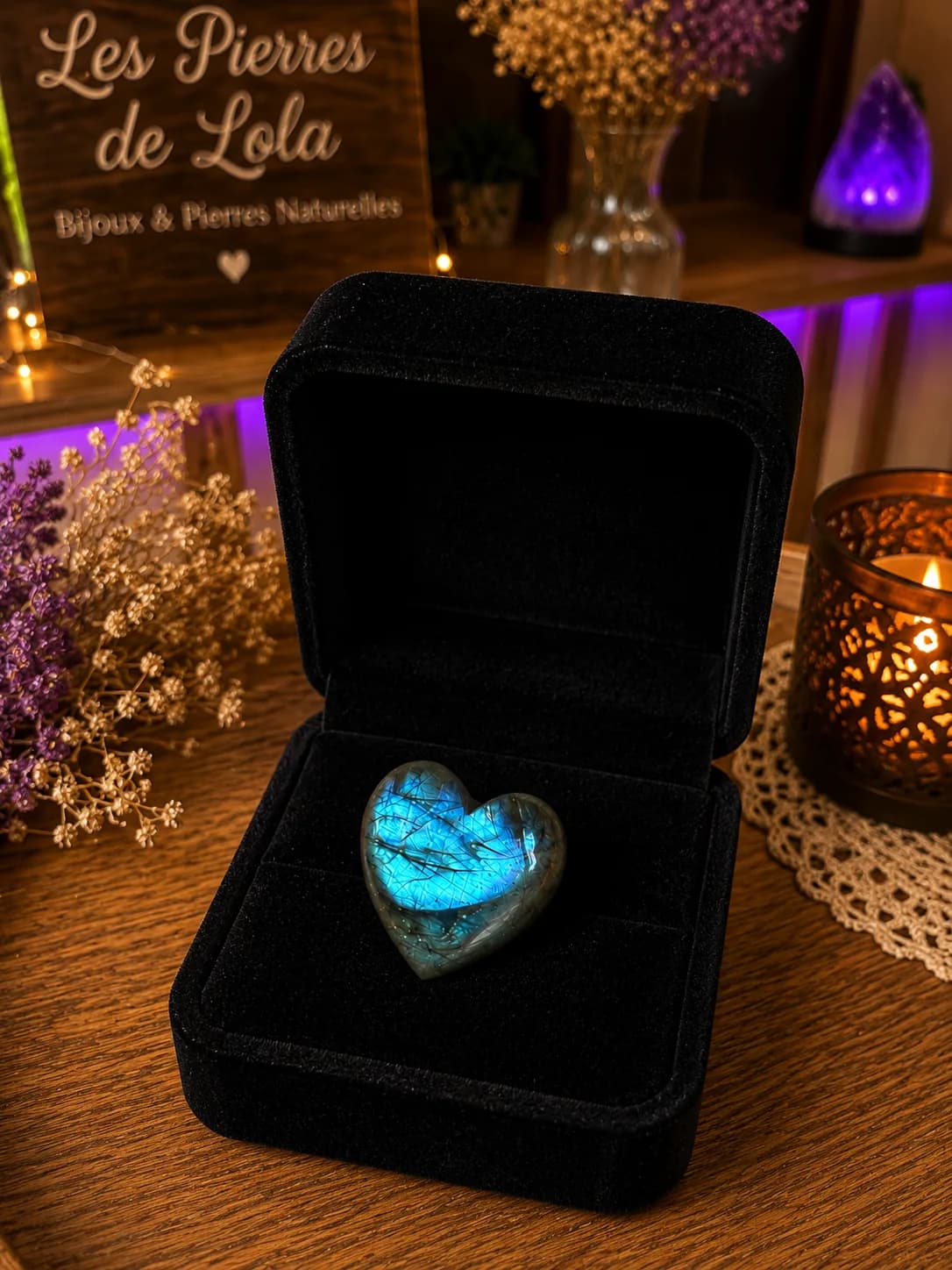 Bague Cœur Labradorite Bleue – reflets magiques et éclat envoûtant