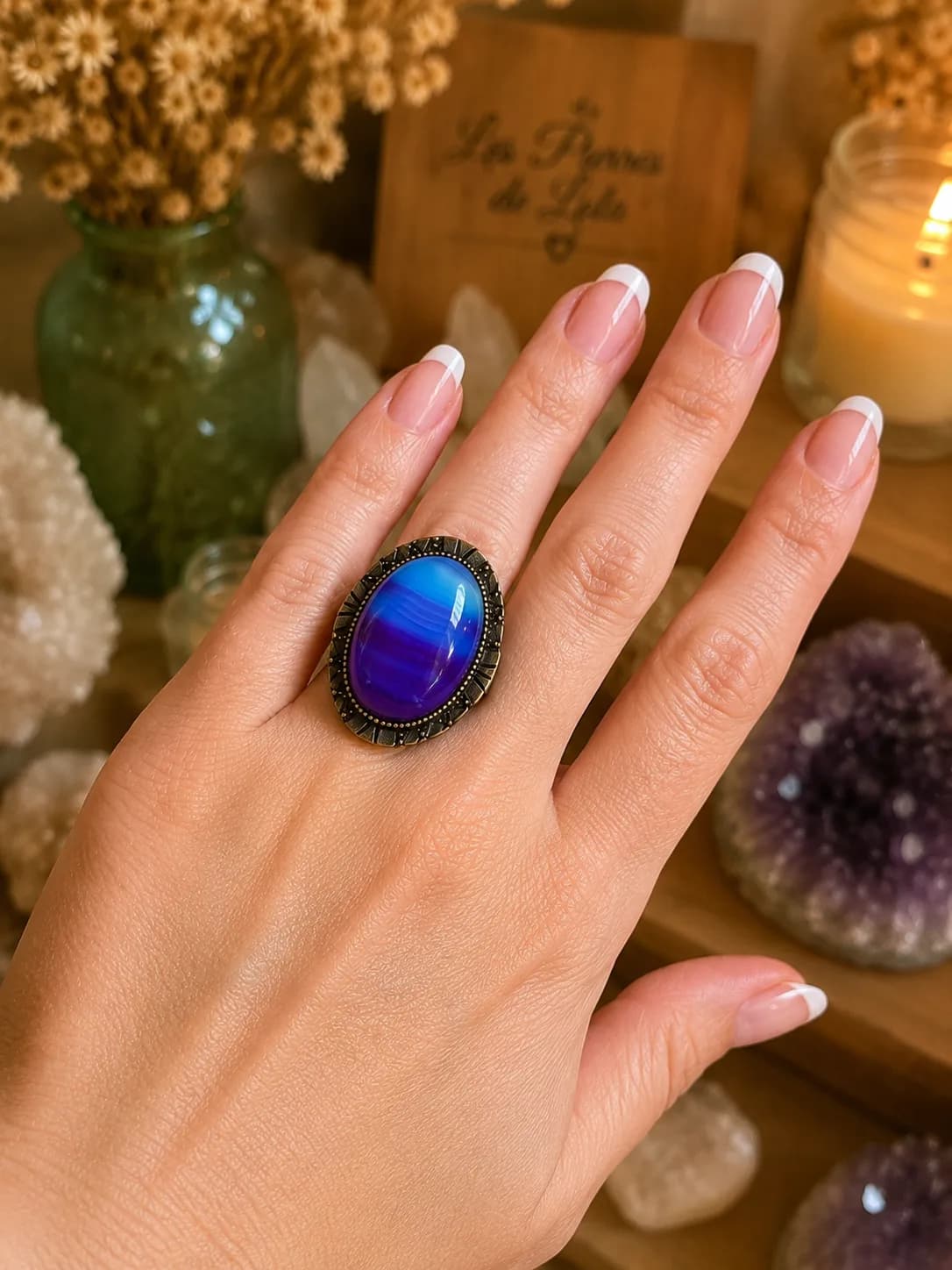 Bague Agate Bronze – style vintage aux reflets bleu & violet