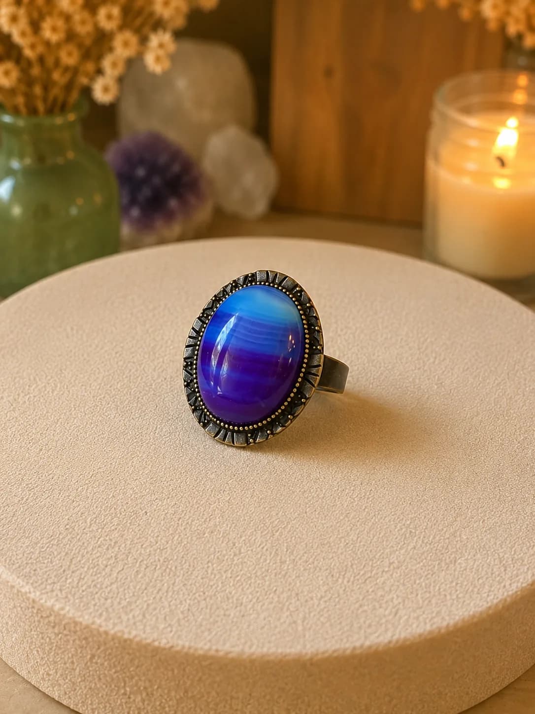 Bague Agate Bronze – style vintage aux reflets bleu & violet