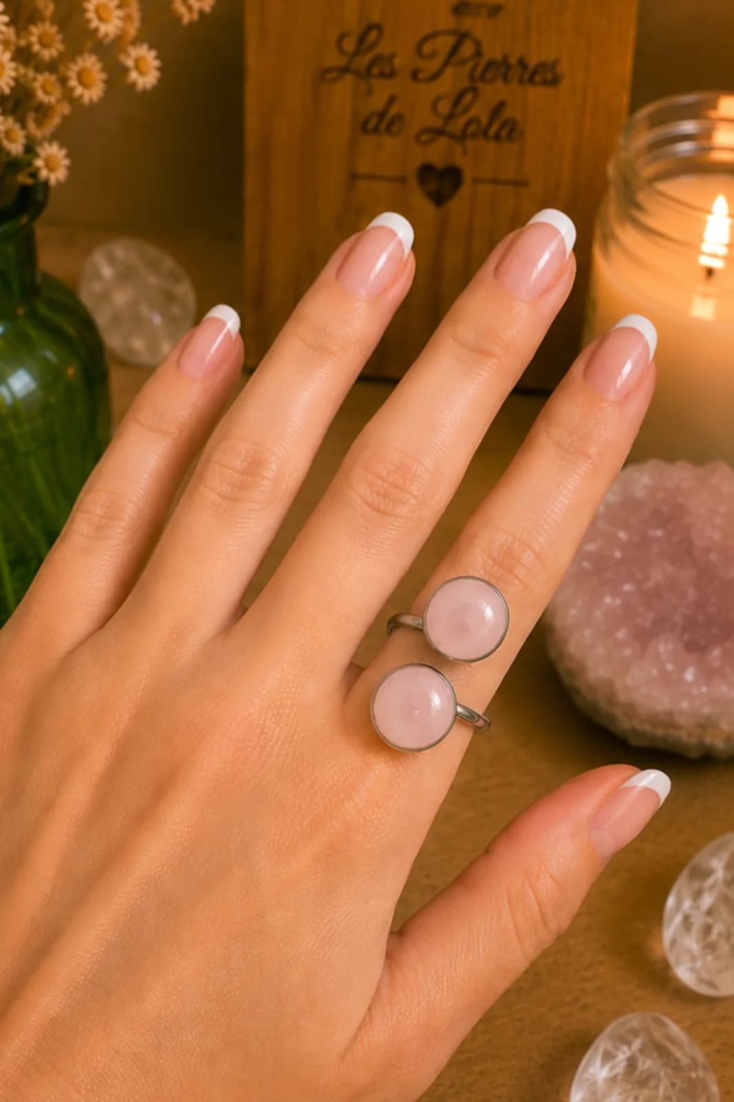 Bague Double anneaux - Quartz Rose – élégance douce & féminine