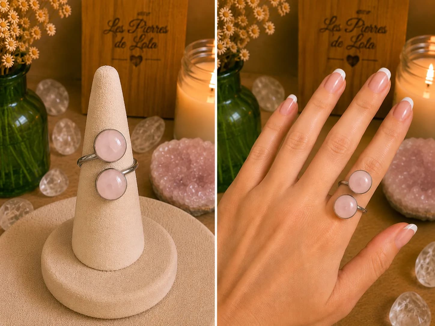 Bague Double anneaux - Quartz Rose – élégance douce & féminine