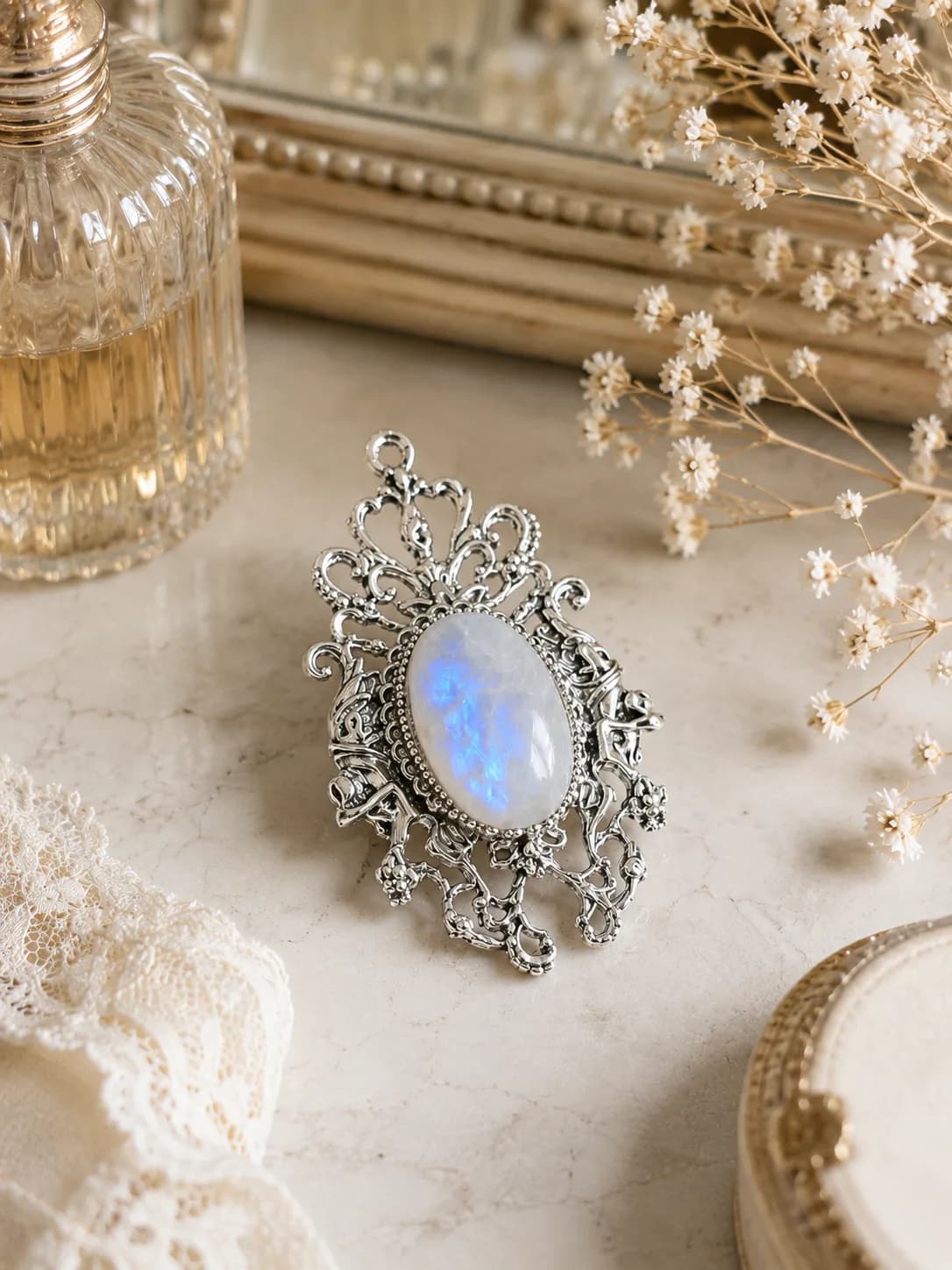Broche & Pendentif Pierre de Lune – pièce unique argent antique