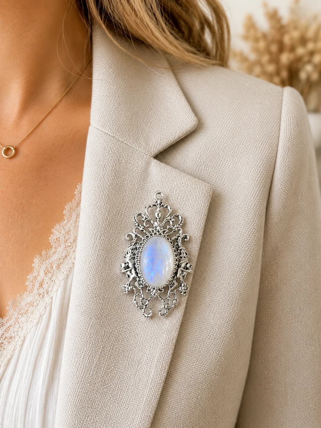 Broche & Pendentif Pierre de Lune – pièce unique argent antique