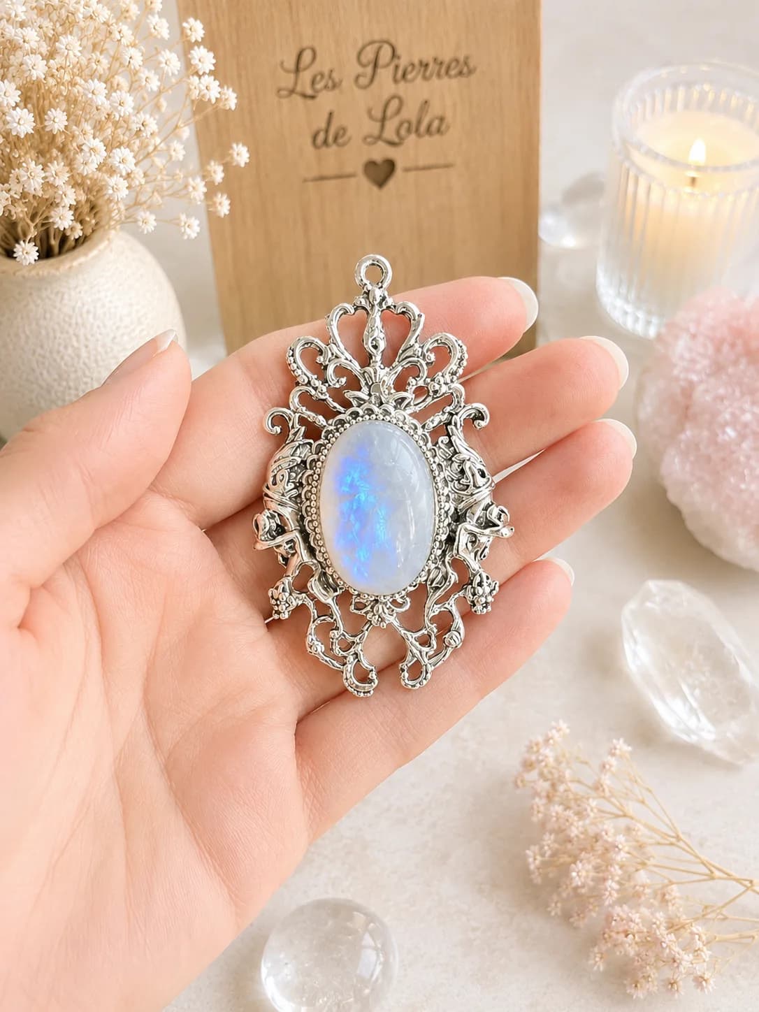 Broche & Pendentif Pierre de Lune – pièce unique argent antique