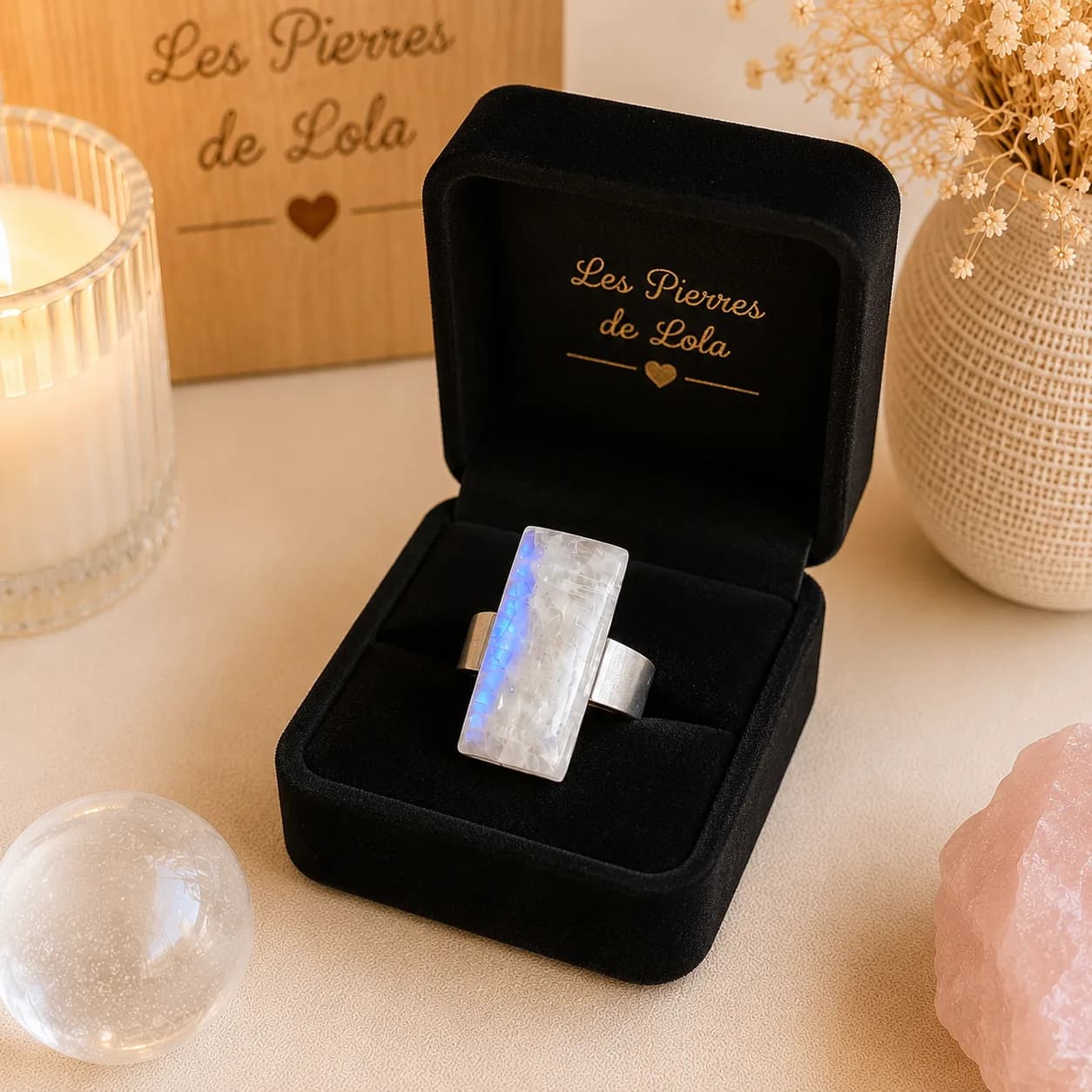Bague Pierre de Lune Rectangle – lumière douce & reflets célestes