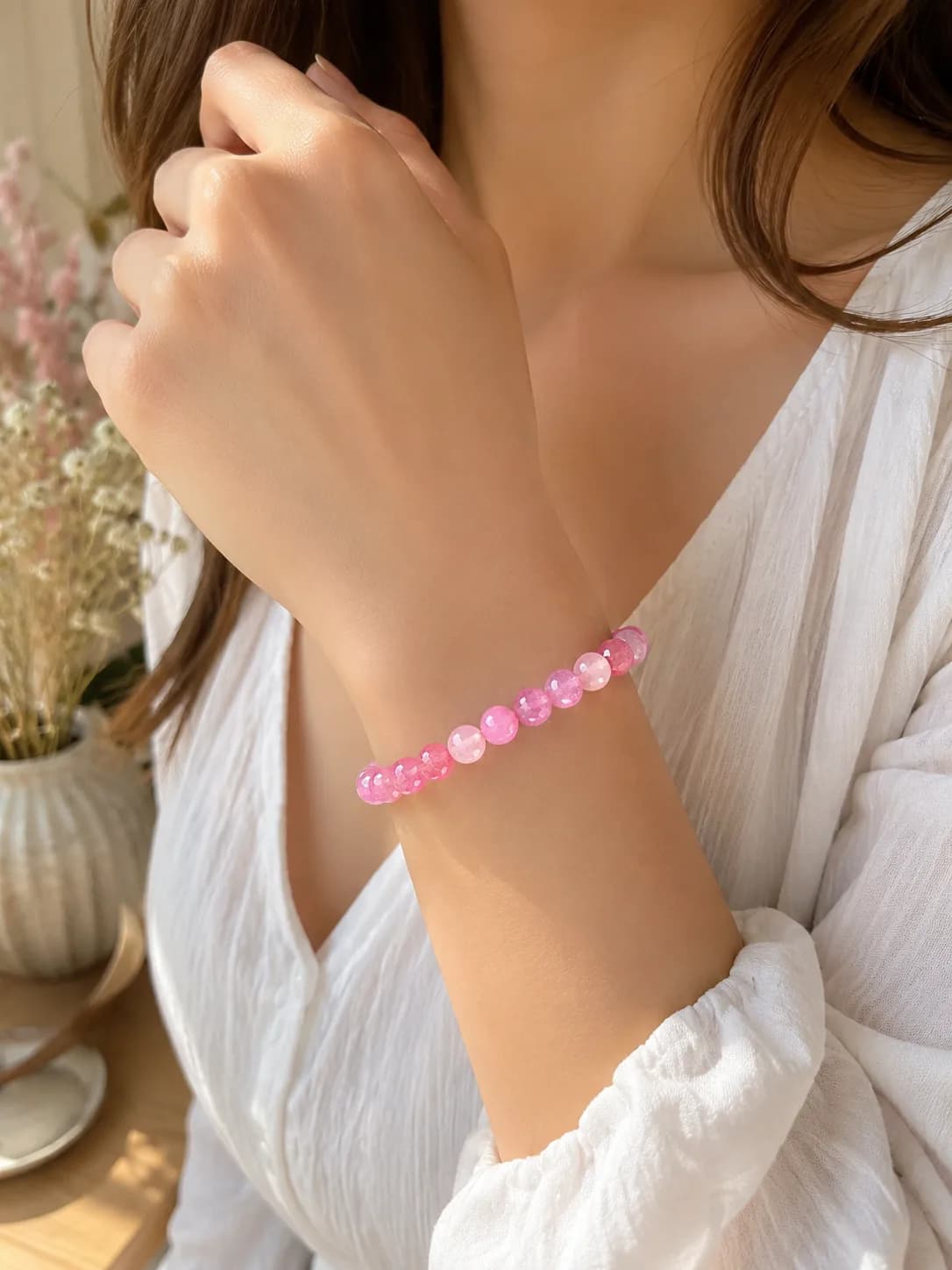 Bracelet en agate craquelée rose