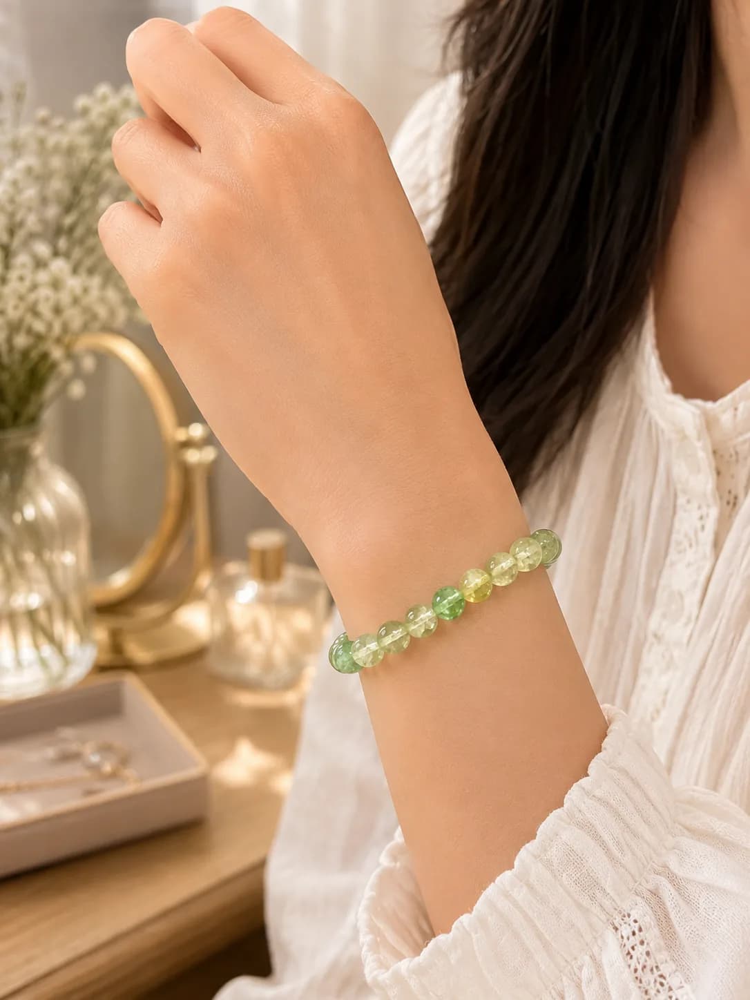 Bracelet en agate craquelée vert anis