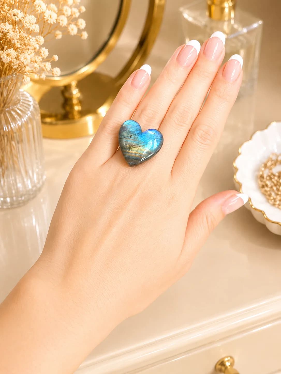 Bague Cœur Boréal – Labradorite Naturelle