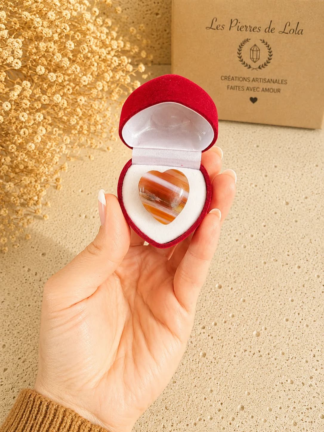 Bague Cœur en Agate Naturelle Rubanée – Élégance Chaleureuse & Reflets Caramel