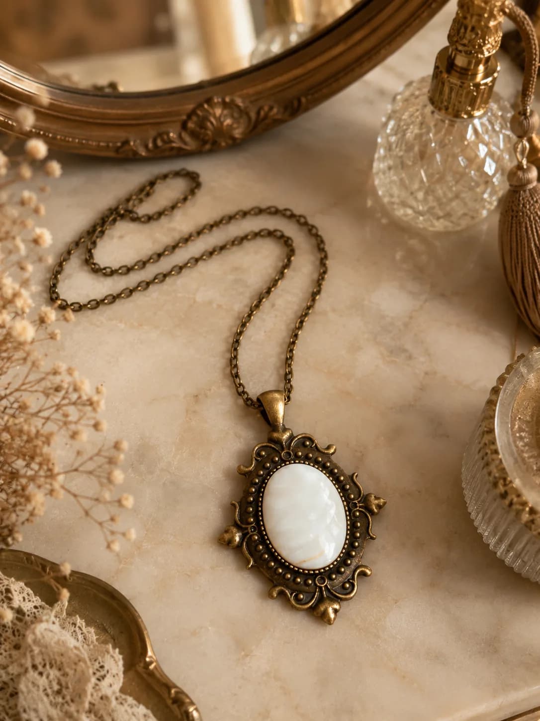 Collier Nacre Vintage – Bronze Antique Élégance intemporelle & douceur lumineuse 