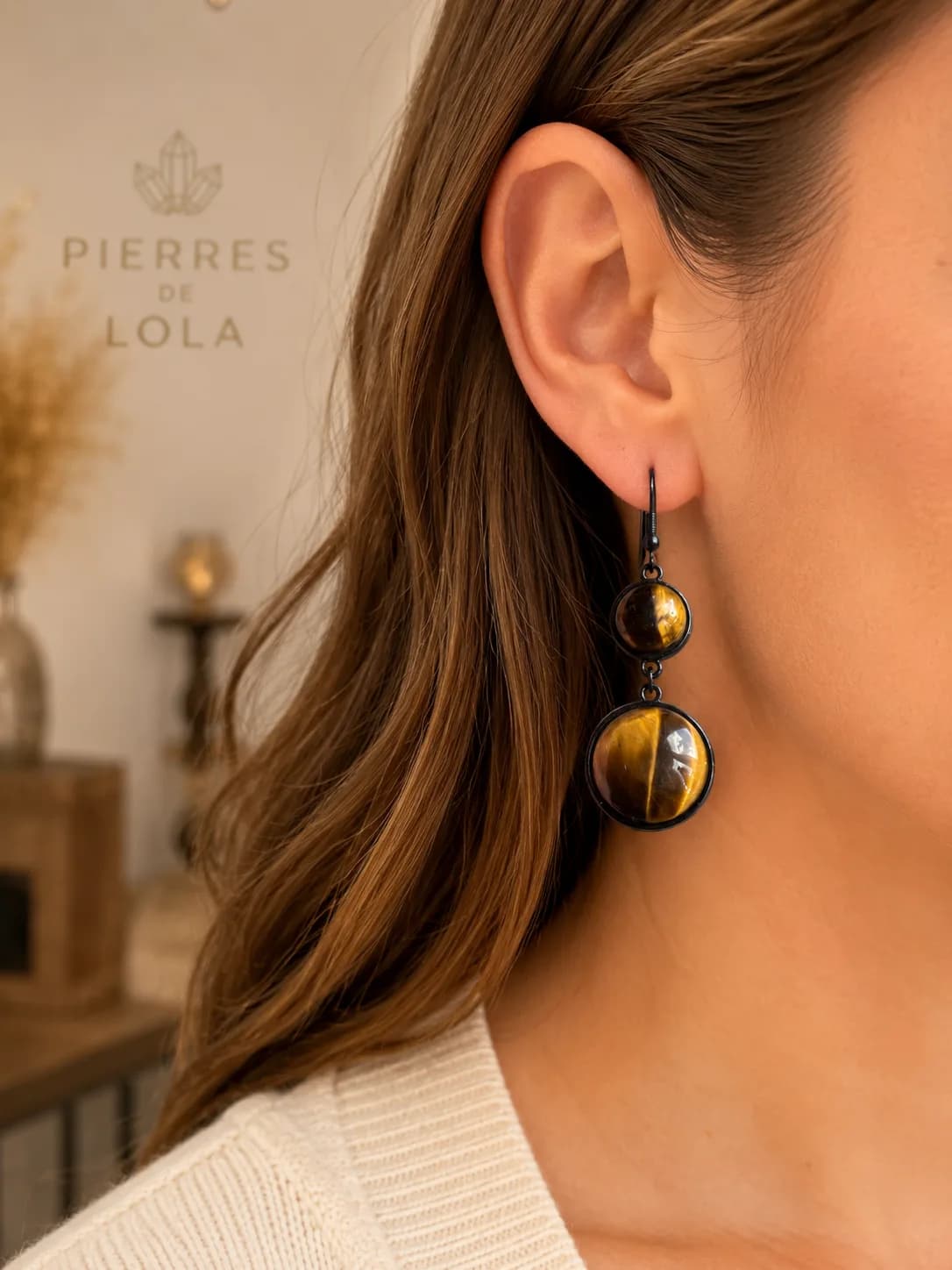 Boucles d’oreilles « Regard Fauve » – Œil de tigre & acier noir