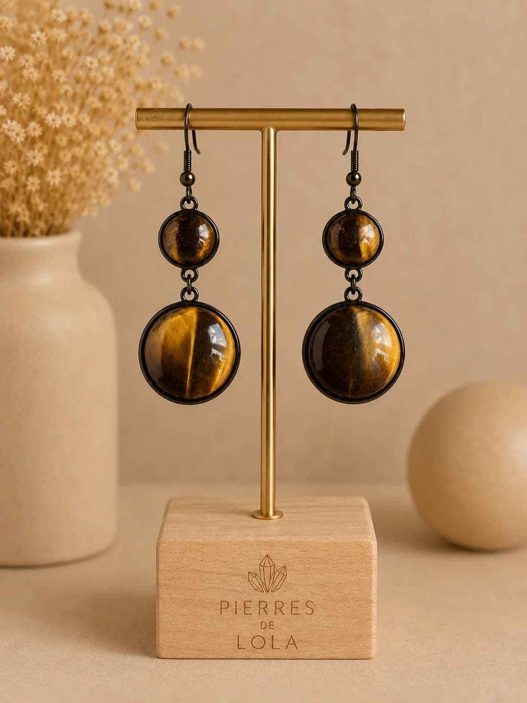 Boucles d’oreilles « Regard Fauve » – Œil de tigre & acier noir