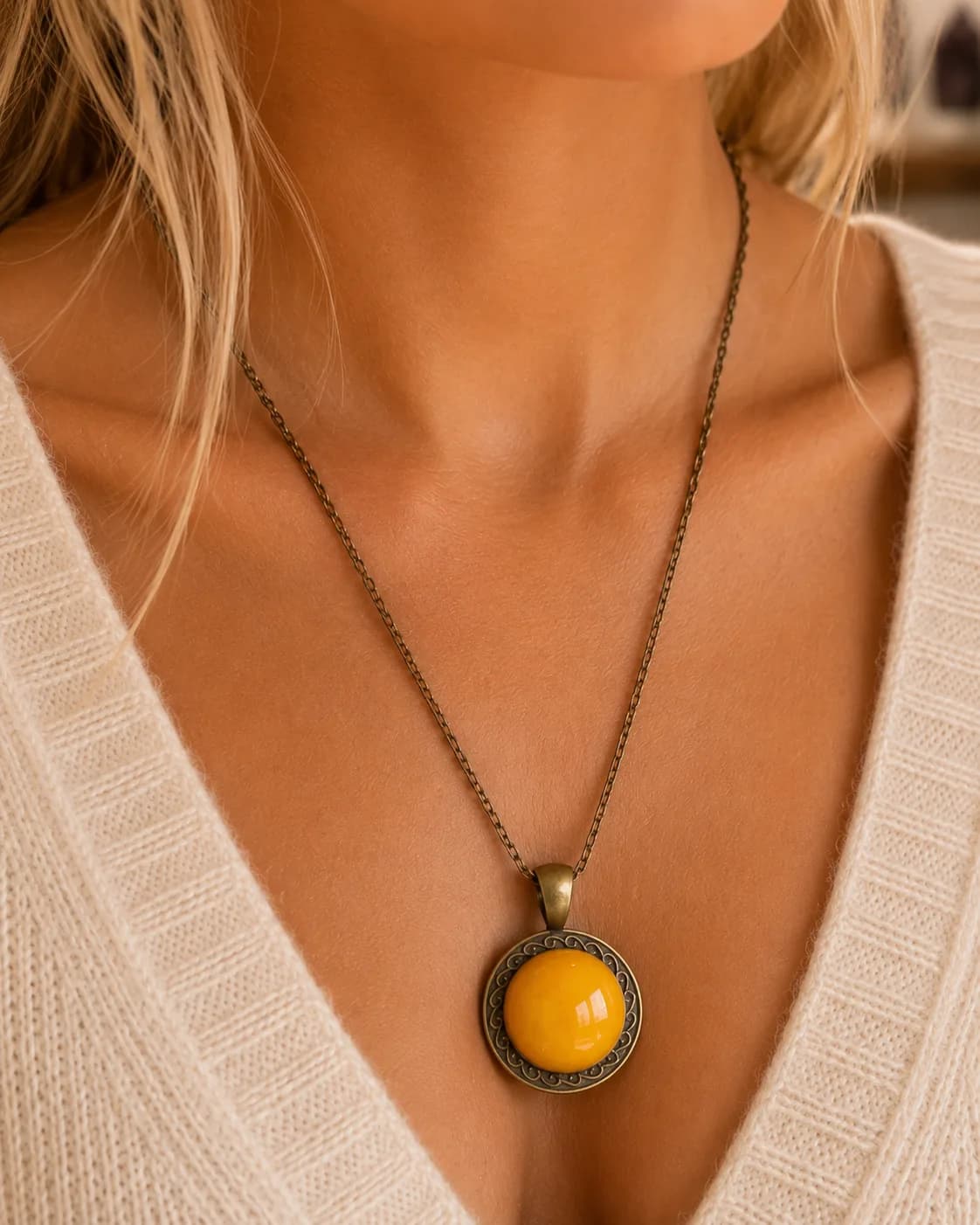 Collier Agate Jaune Bombée