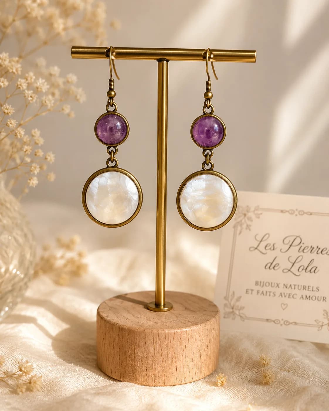 Boucles d’oreilles Améthyste & Nacre Naturelles « Harmonie Élégante »