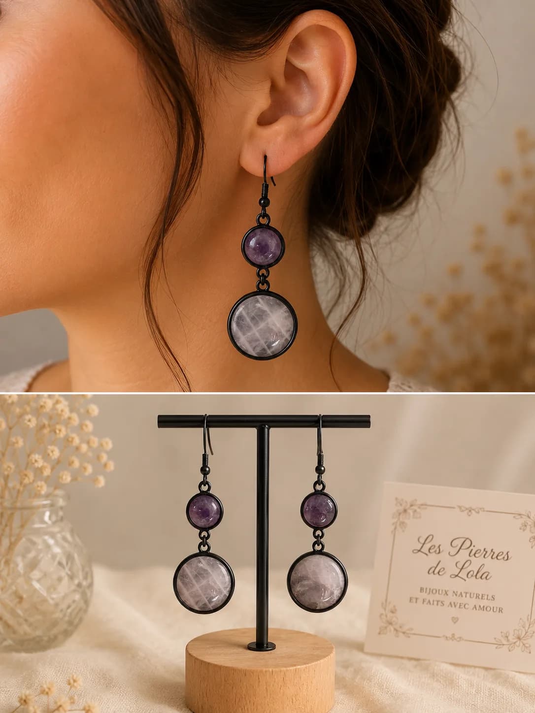 Boucles d’oreilles Améthyste & Quartz Rose Naturels  « Douceur Élégante »