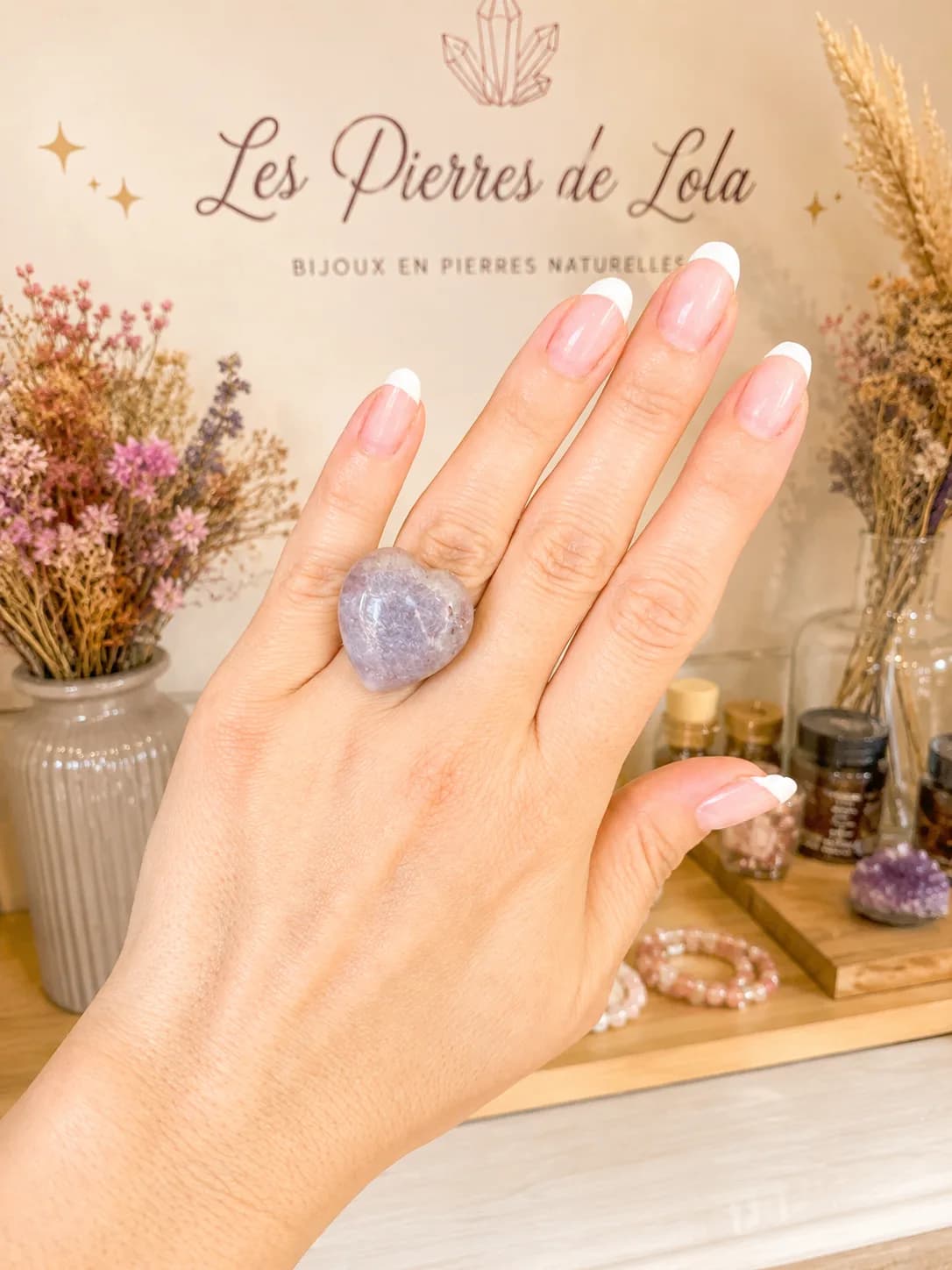 Bague Cœur Lépidolite – Bronze ajustable