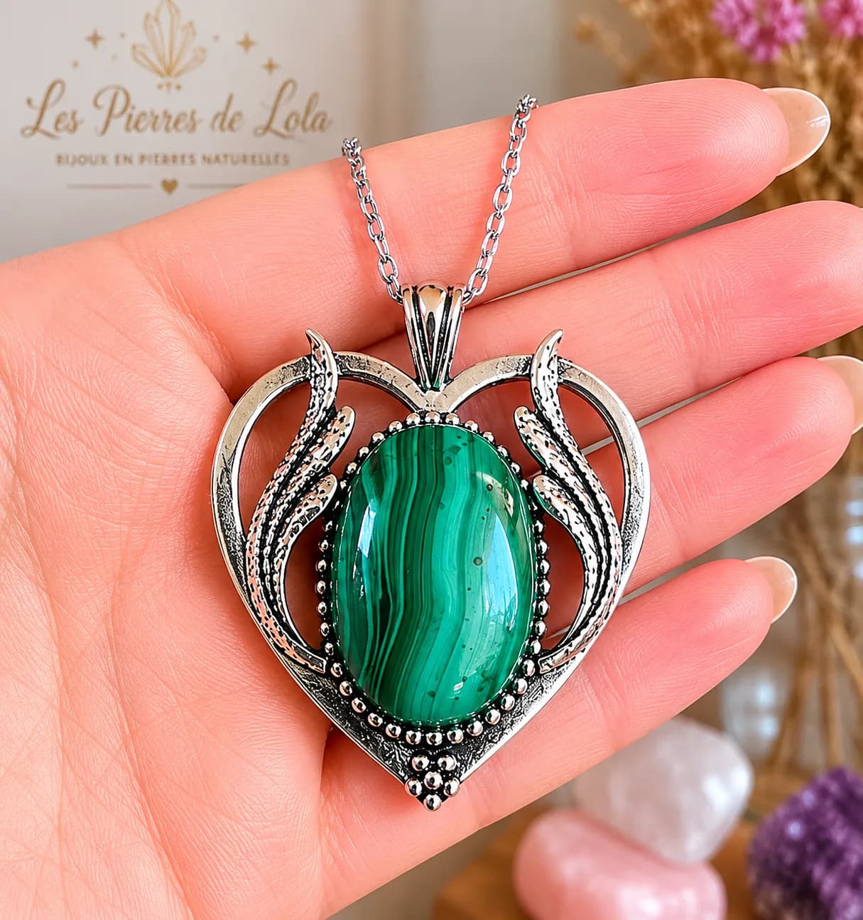 Collier Cœur Malachite – Argent antique