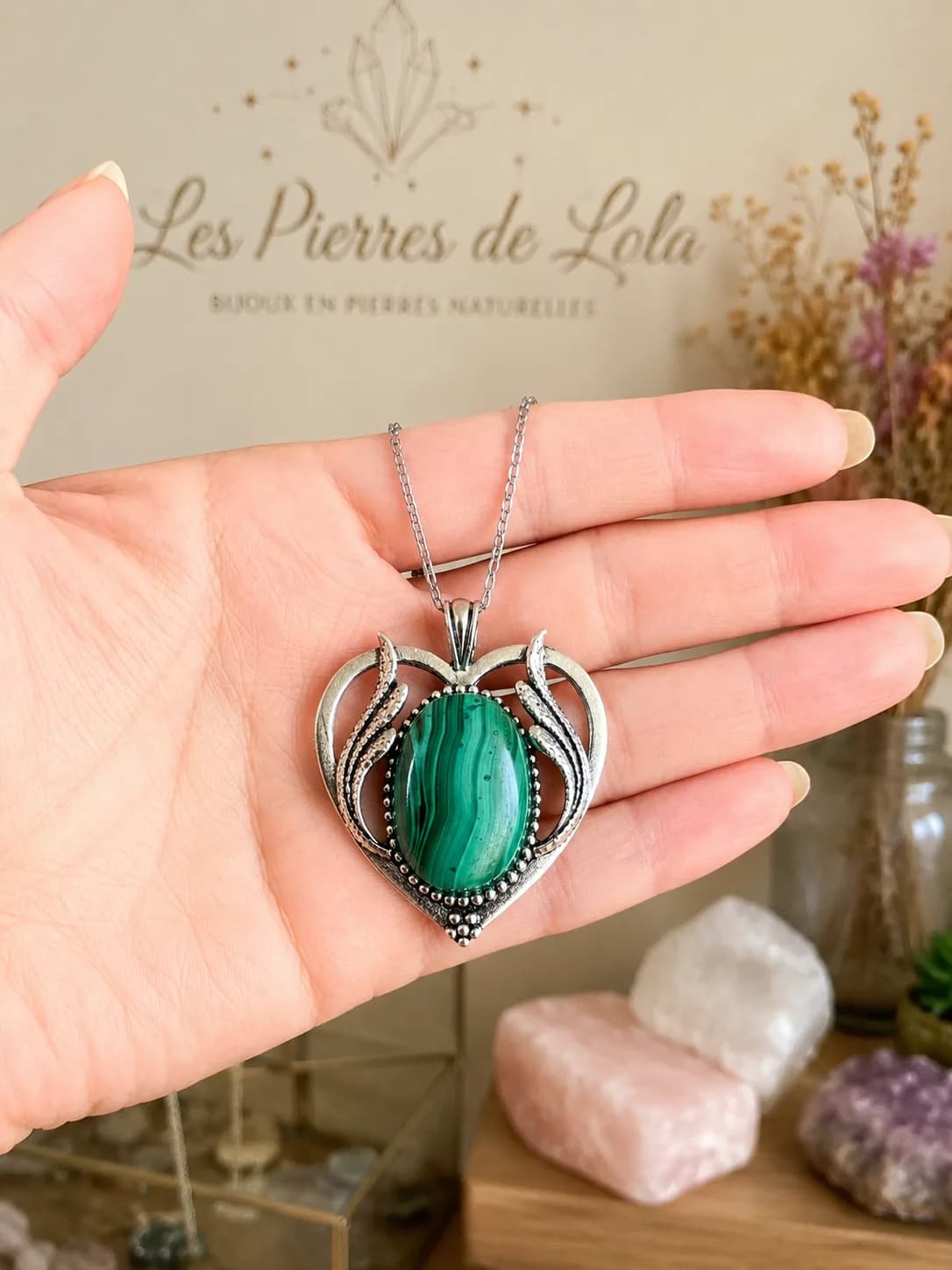 Collier Cœur Malachite – Argent antique