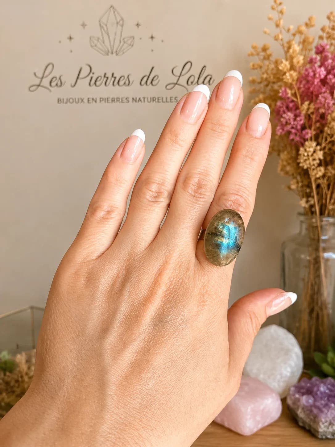 Bague Labradorite Naturelle – Acier inoxydable ajustable