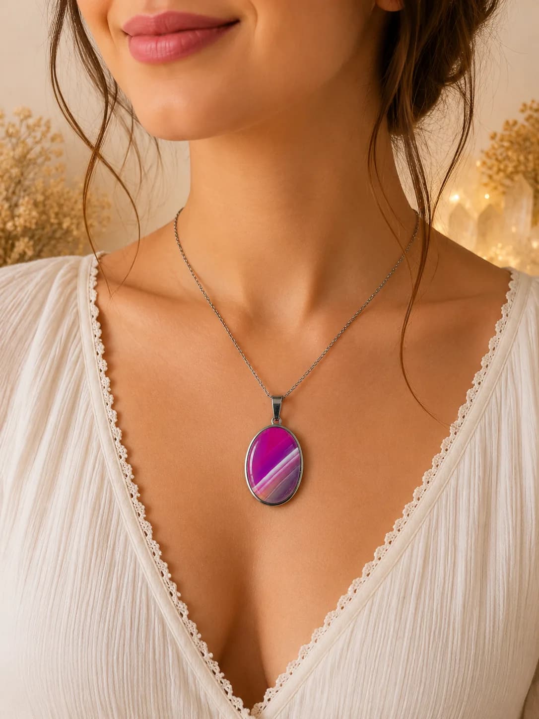 Collier Agate Violette Rosée Rayée