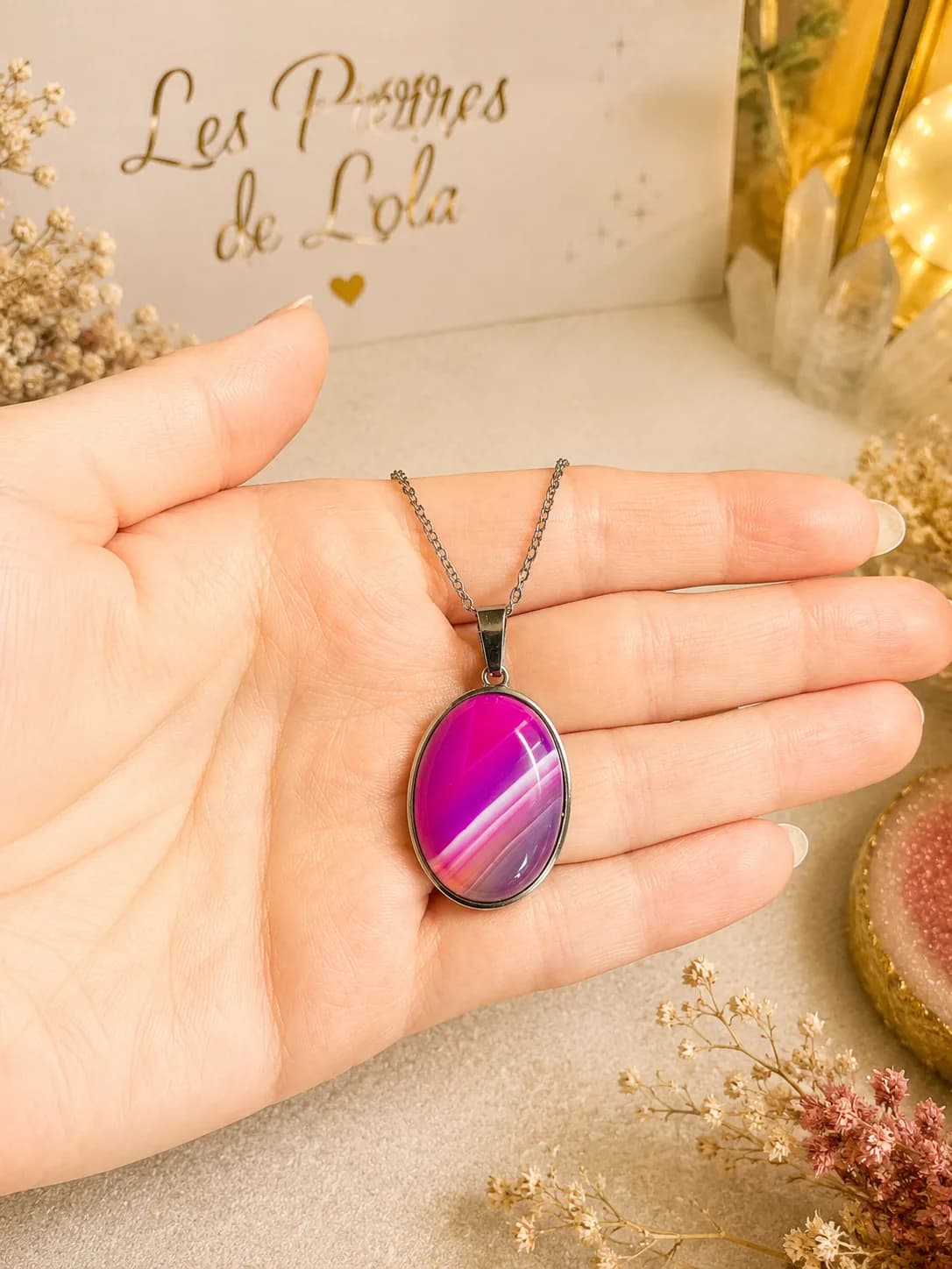 Collier Agate Violette Rosée Rayée