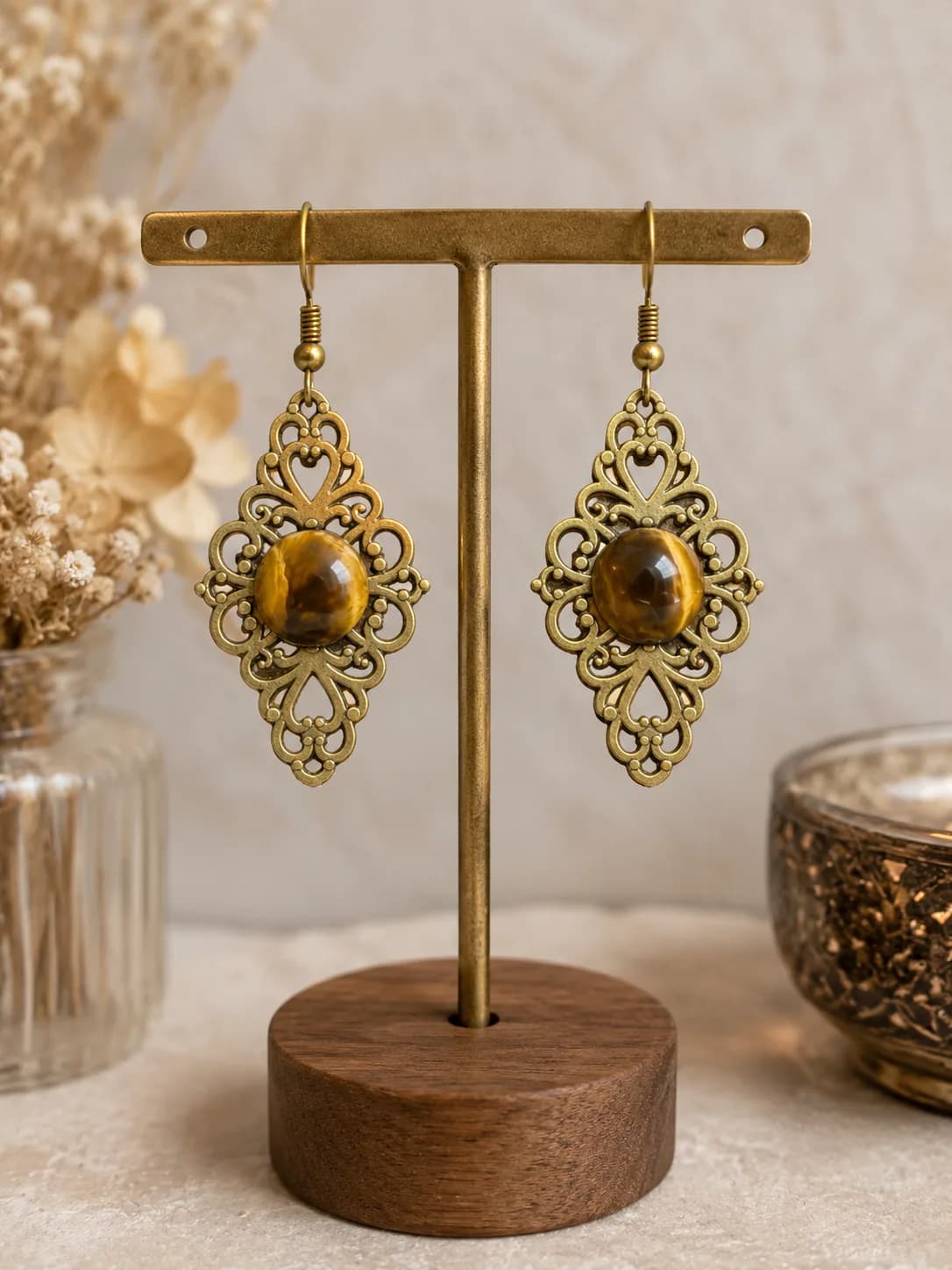 Boucles d’oreilles Œil de Tigre – Bronze Antique