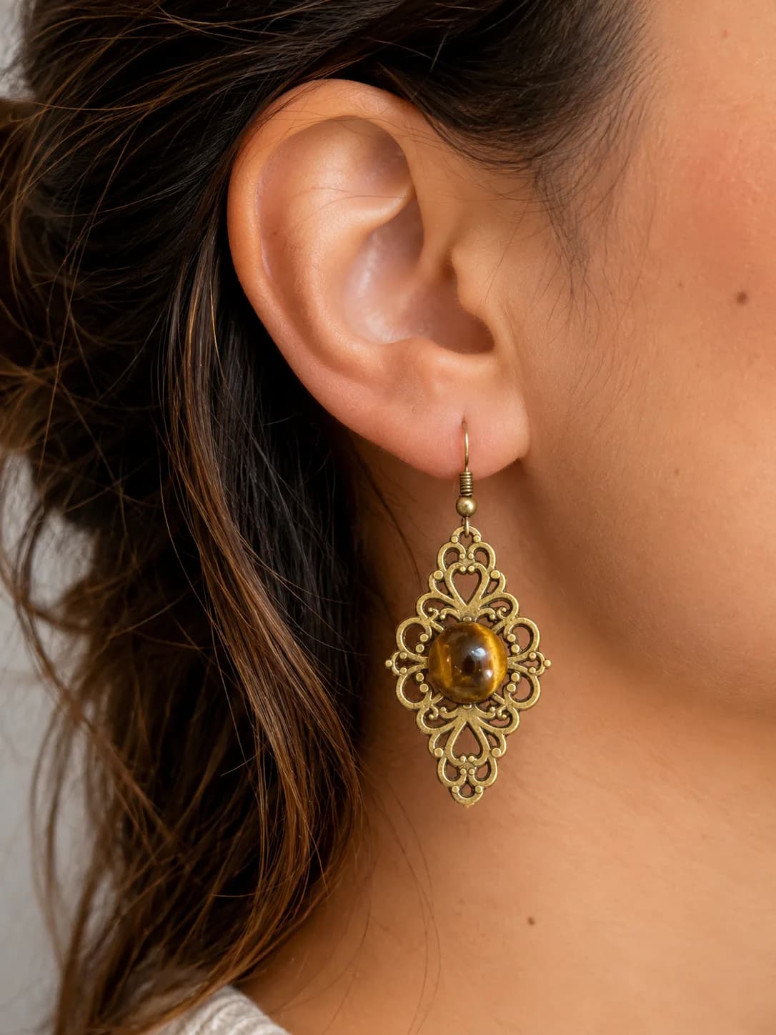 Boucles d’oreilles Œil de Tigre – Bronze Antique