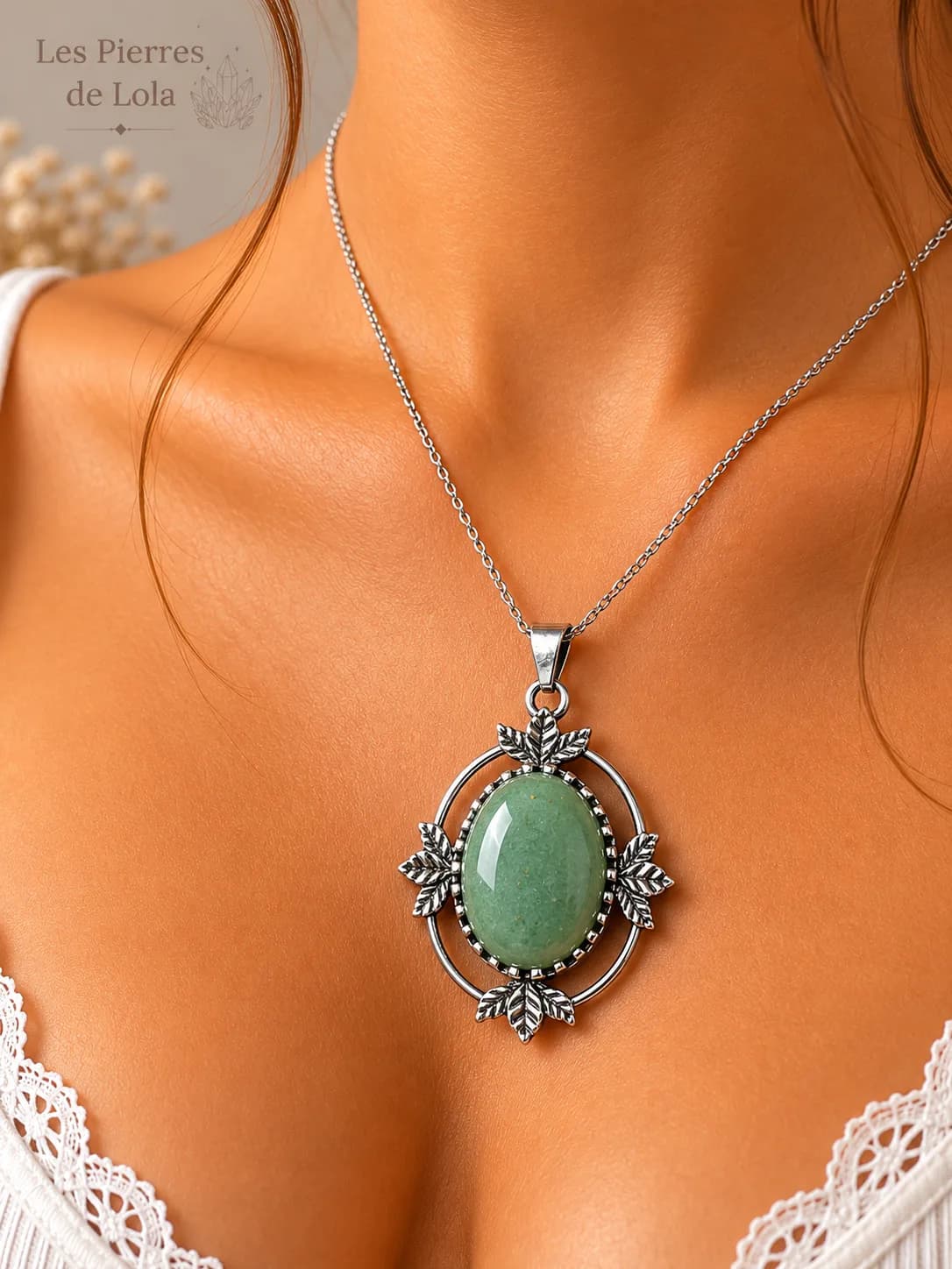 Collier Aventurine Naturelle & Feuilles d’Argent Antique