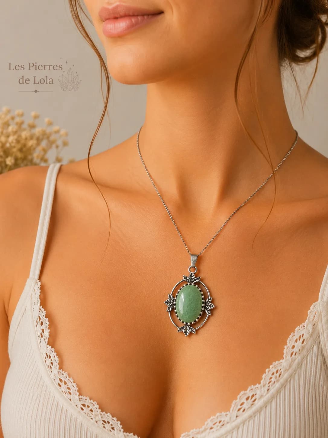 Collier Aventurine Naturelle & Feuilles d’Argent Antique