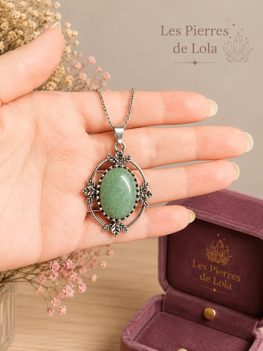 Collier Aventurine Naturelle & Feuilles d’Argent Antique