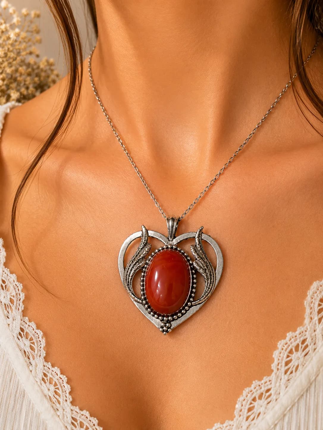 Collier Cœur d'Amour - Agate Rouge brun 