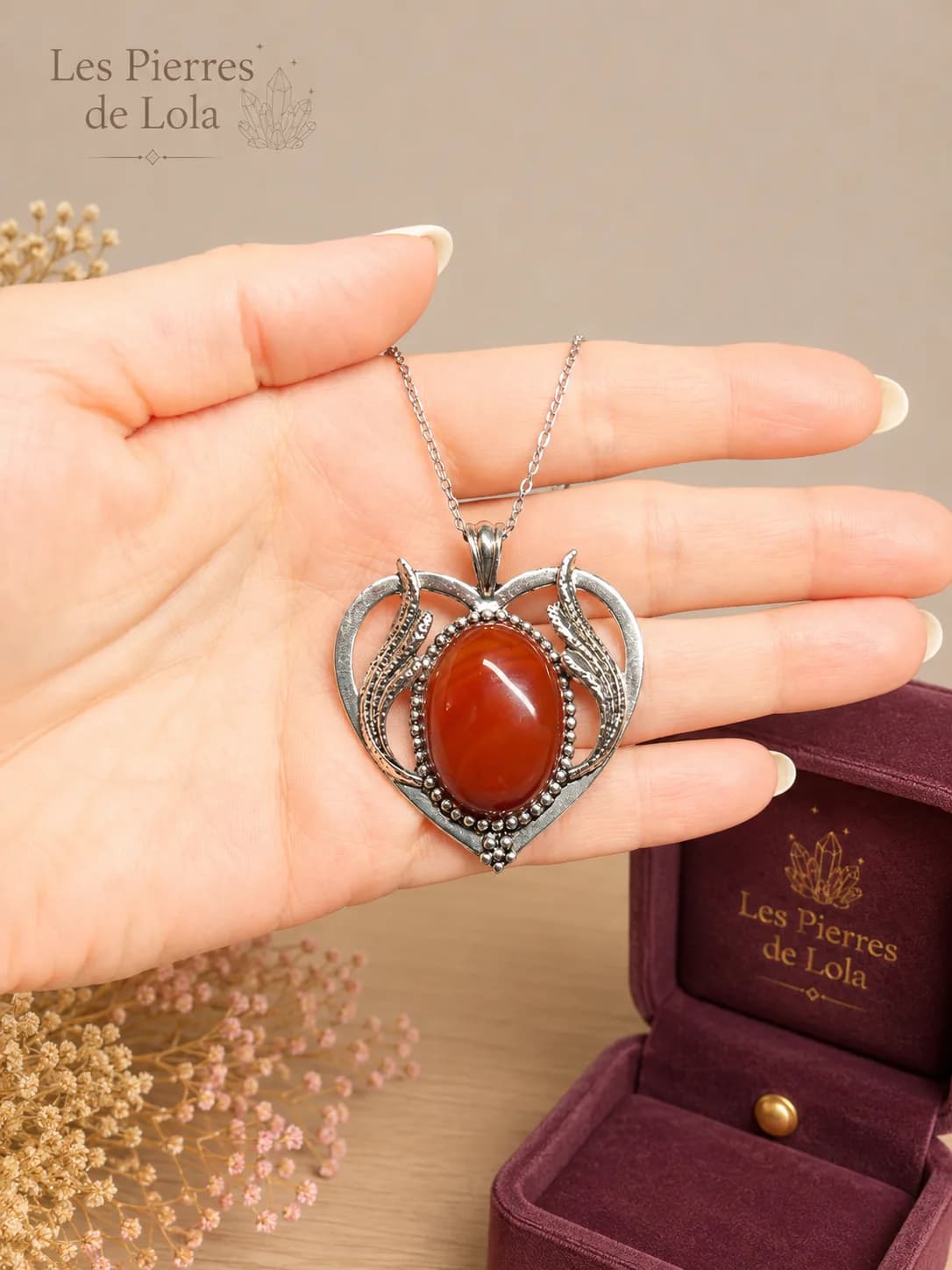 Collier Cœur d'Amour - Agate Rouge brun 