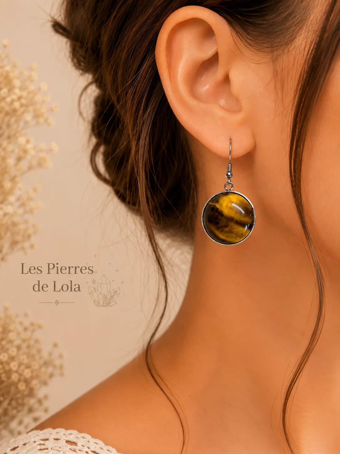 Boucles d’Oreilles Œil de Tigre Naturelle – Acier Inoxydable