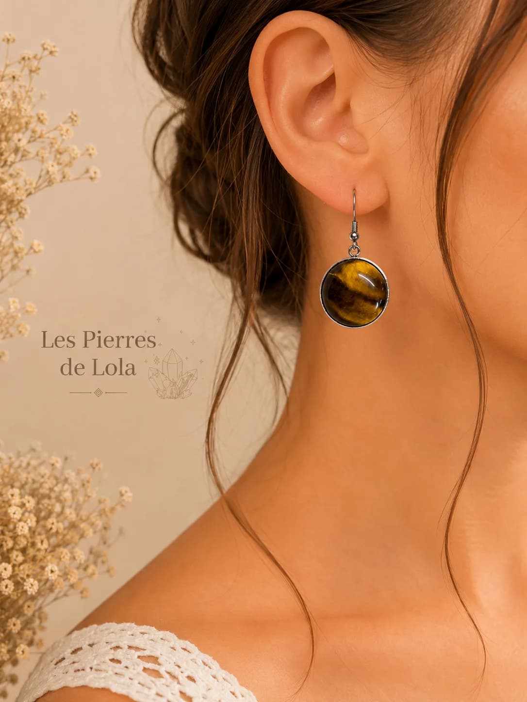 Boucles d’Oreilles Œil de Tigre Naturelle – Acier Inoxydable