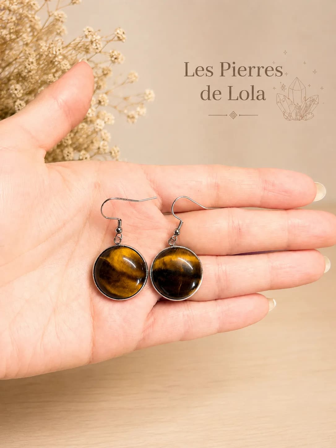 Boucles d’Oreilles Œil de Tigre Naturelle – Acier Inoxydable