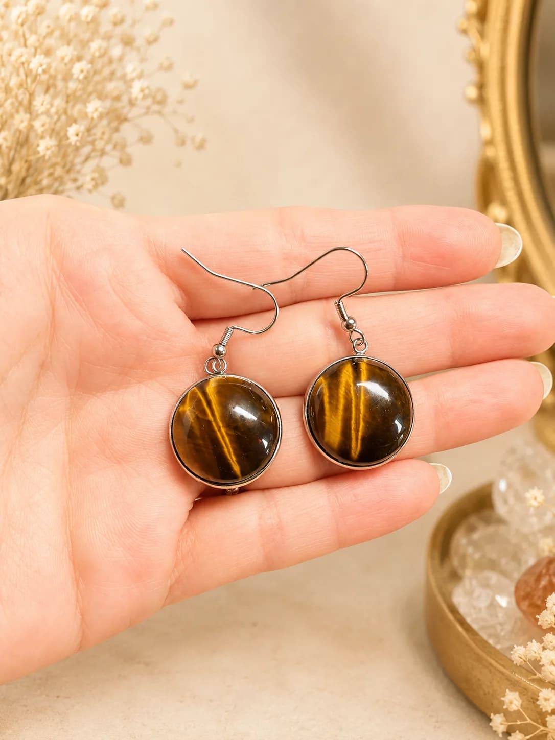 Boucle d'oreilles Œil de Tigre Naturel – Reflets dorés et élégance intemporelle