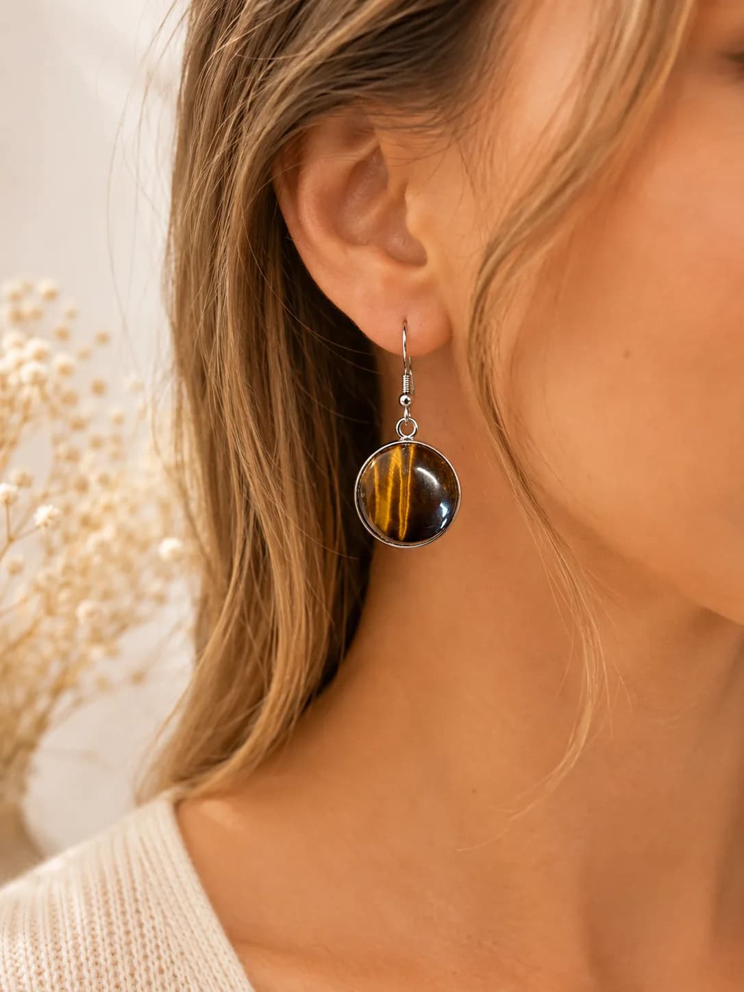 Boucle d'oreilles Œil de Tigre Naturel – Reflets dorés et élégance intemporelle