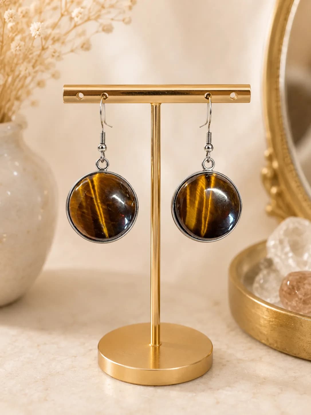 Boucle d'oreilles Œil de Tigre Naturel – Reflets dorés et élégance intemporelle