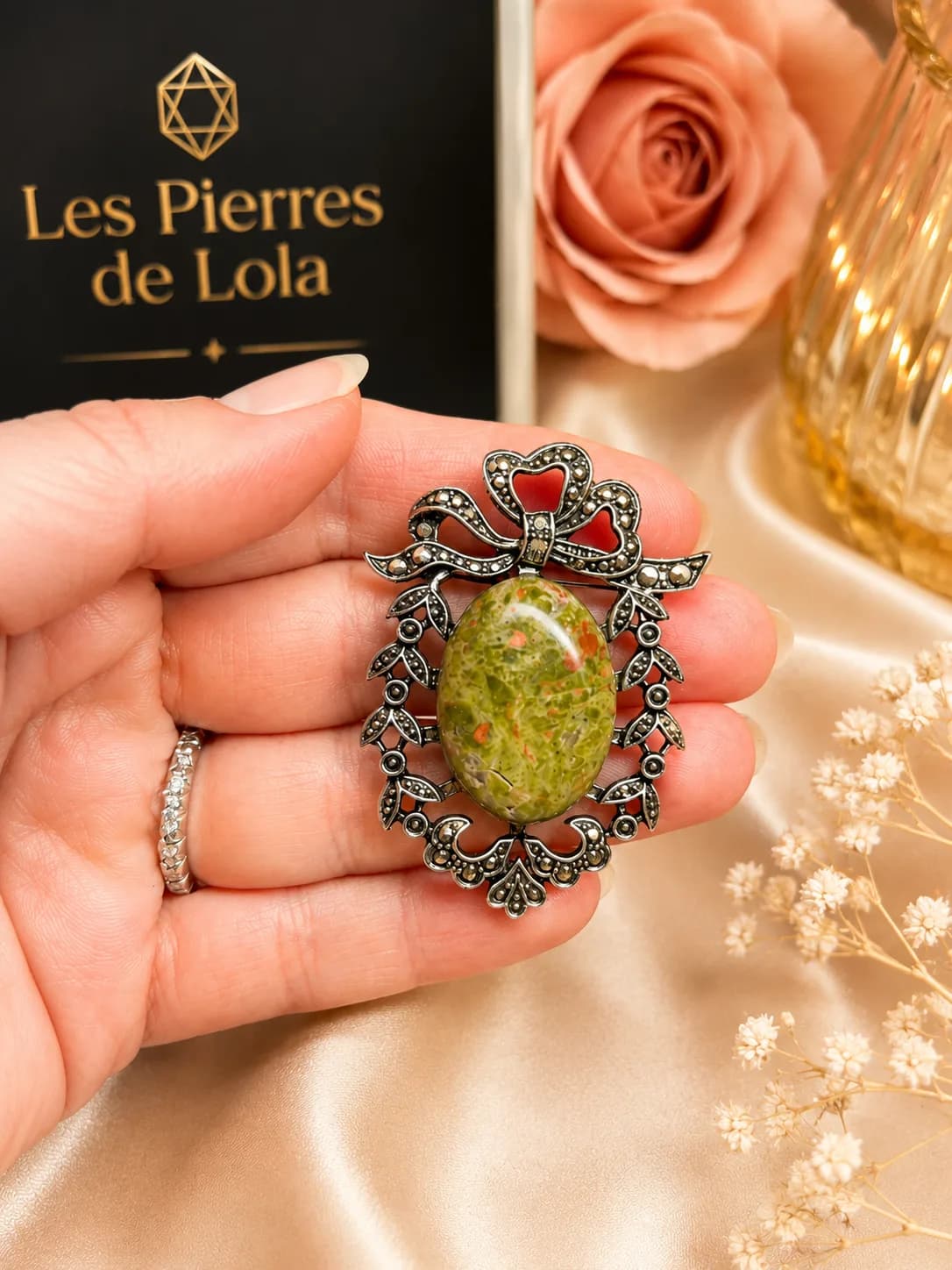 Broche pierre Unakite Naturelle – Argent Antique