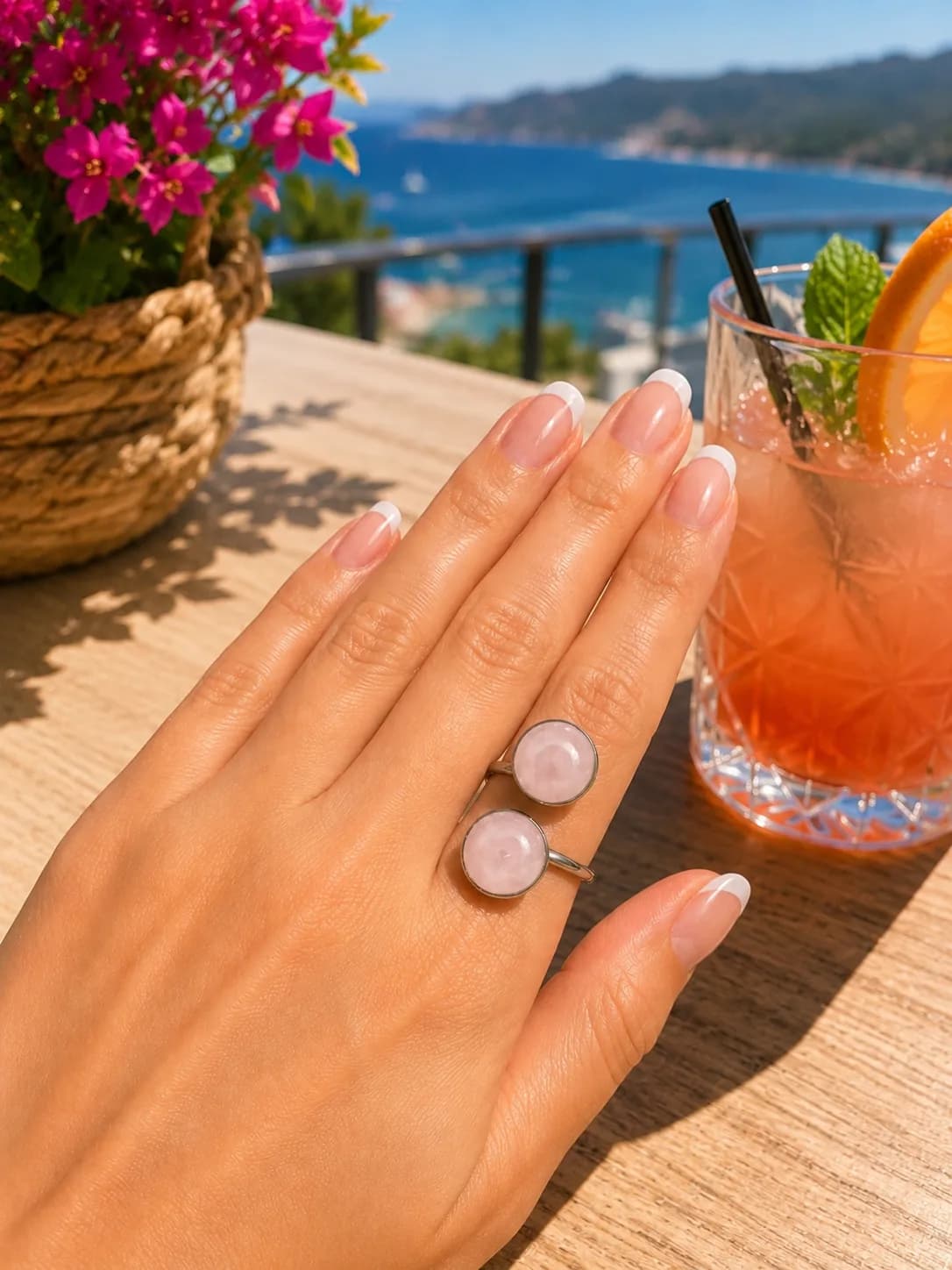 Élégance Duo – Bague Double en Quartz Rose