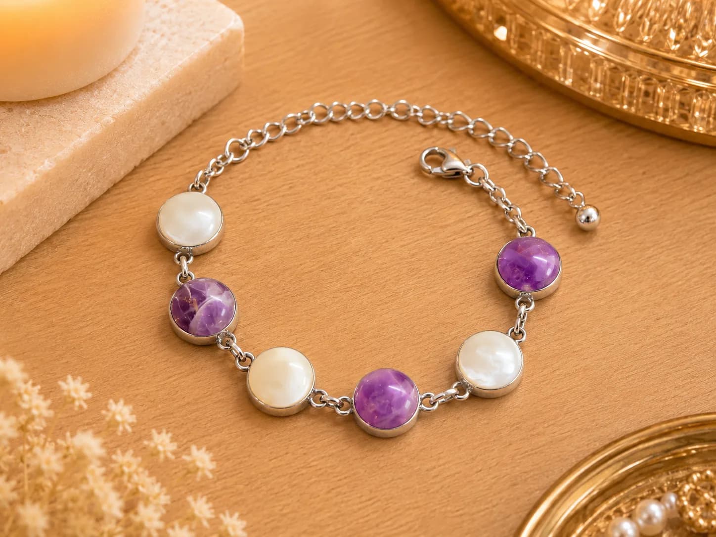 Bracelet « Harmonie Divine » – Améthyste & Nacre