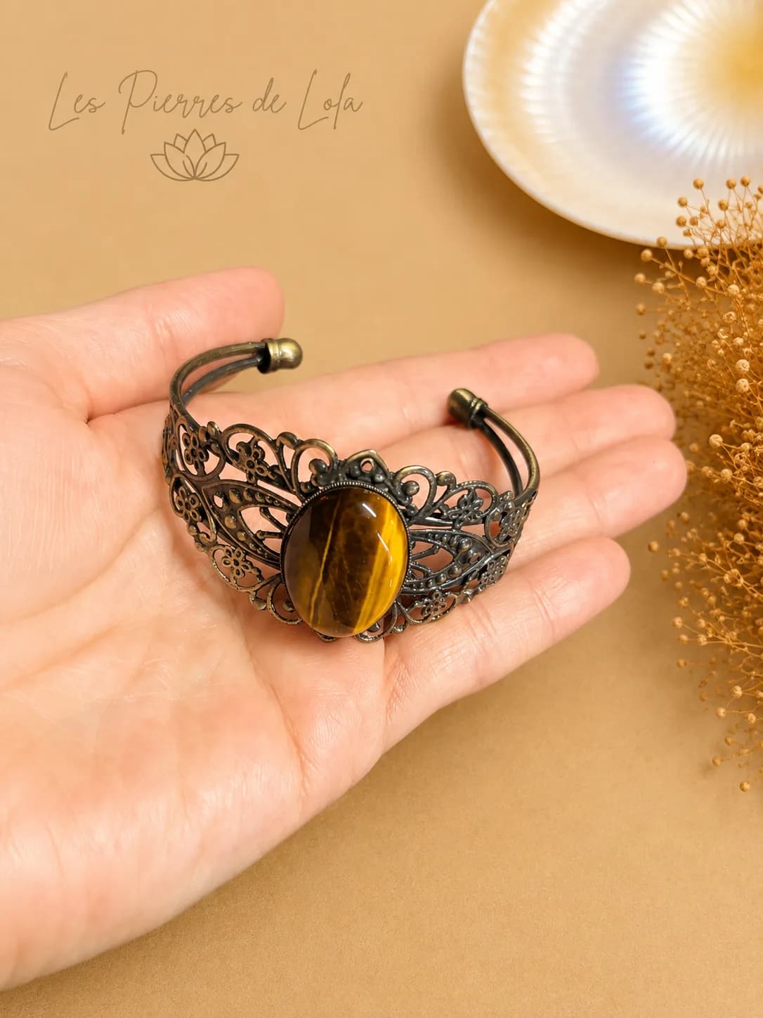 Bracelet manchette en Œil de Tigre – Bronze patiné
