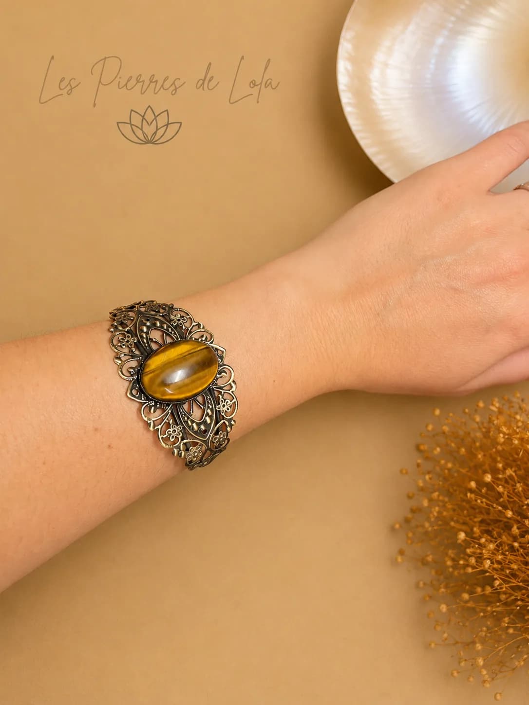 Bracelet manchette en Œil de Tigre – Bronze patiné