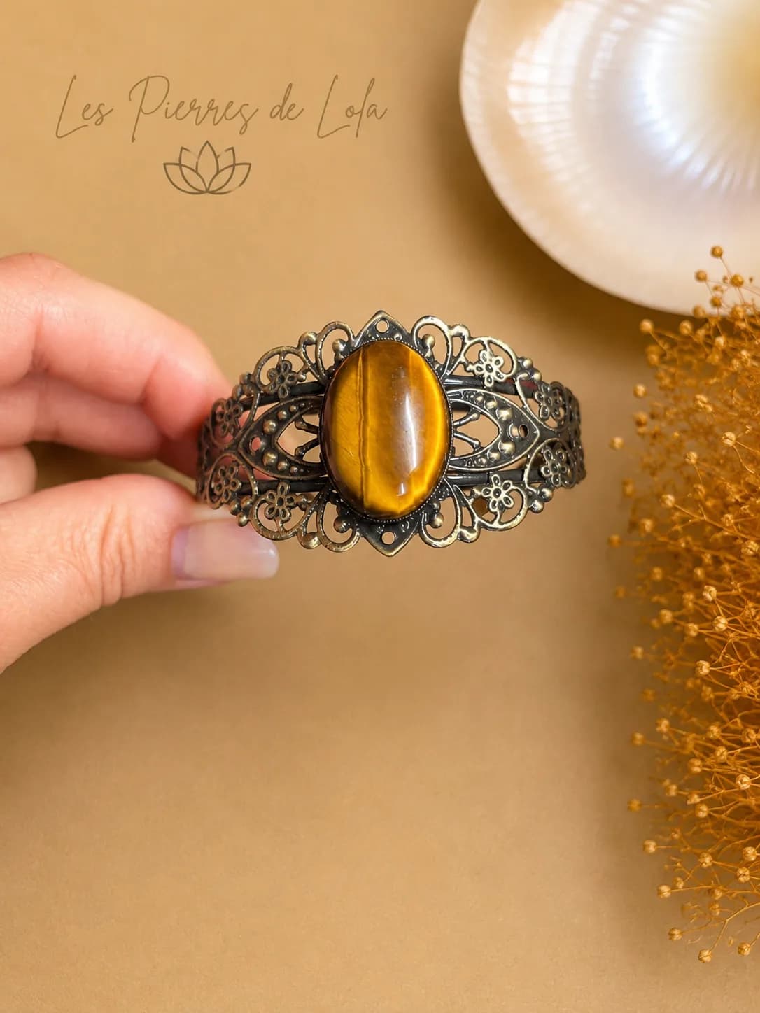 Bracelet manchette en Œil de Tigre – Bronze patiné