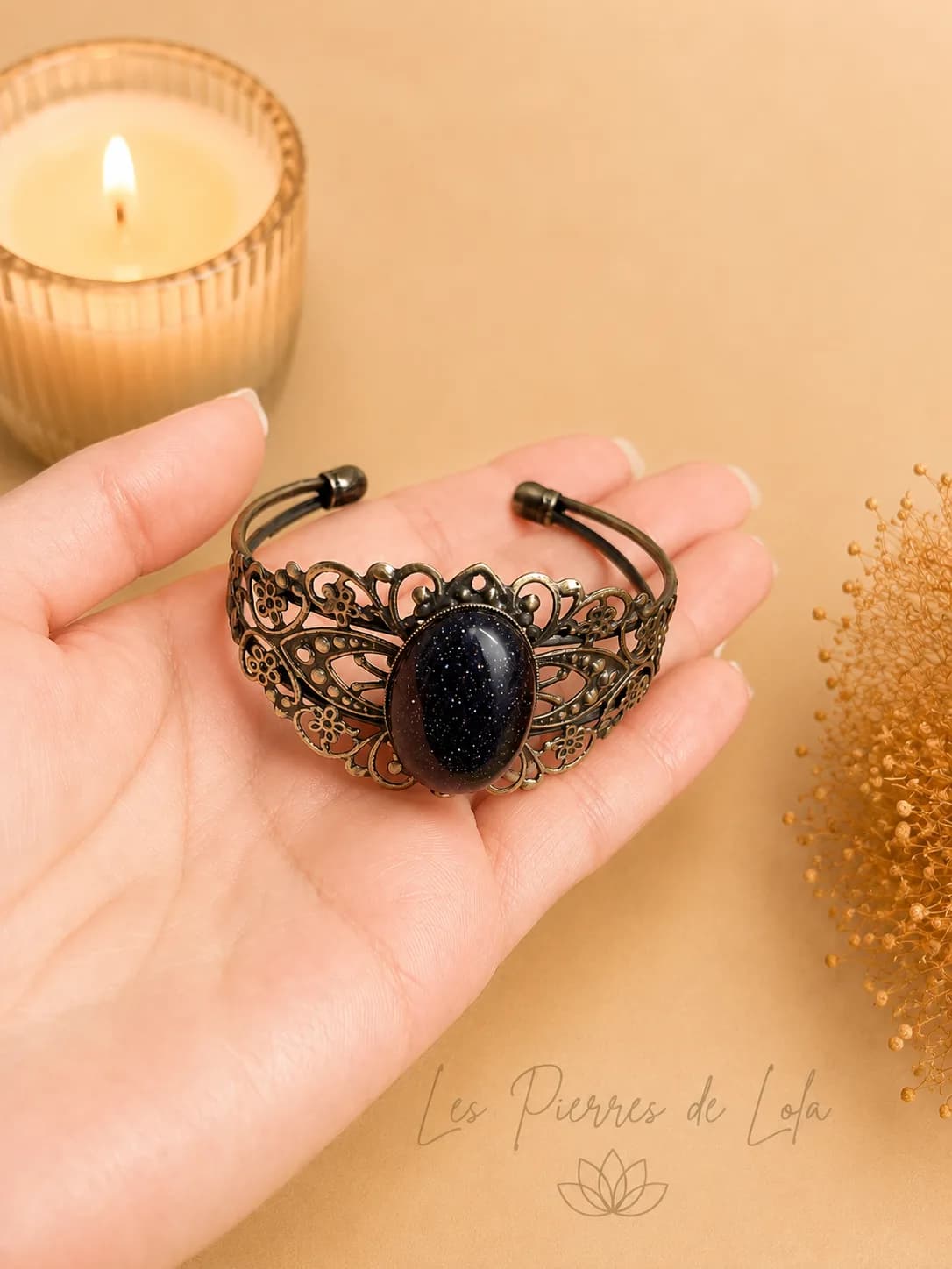 Bracelet réglable en bronze patiné – Goldstone Blue
