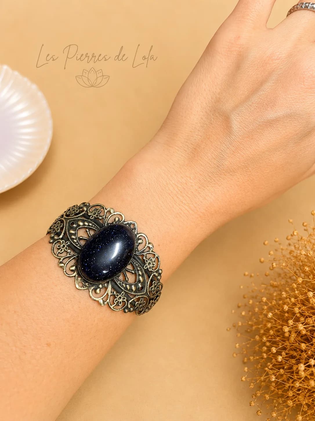 Bracelet réglable en bronze patiné – Goldstone Blue